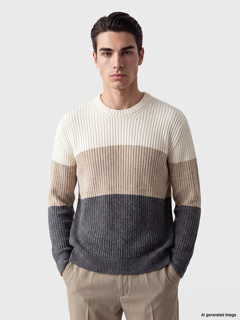 Pulover Tricotat Pentru Bărbați Cu Guler Rotund Și Bloc De Culoare