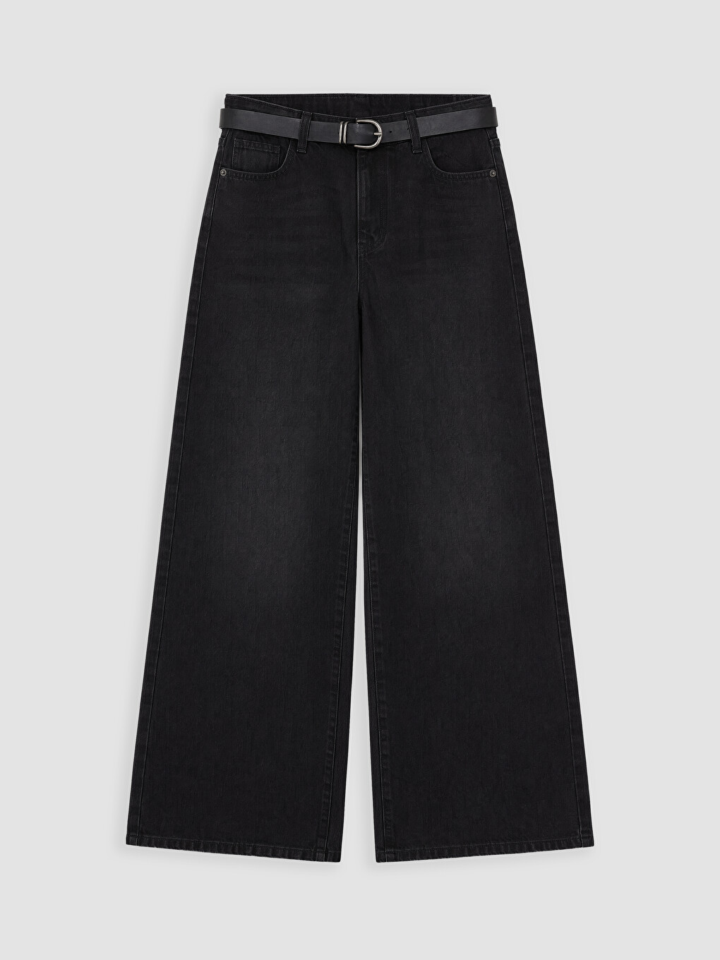 Siyah Beli Kemerli Wideleg Kadın Jean Pantolon-4