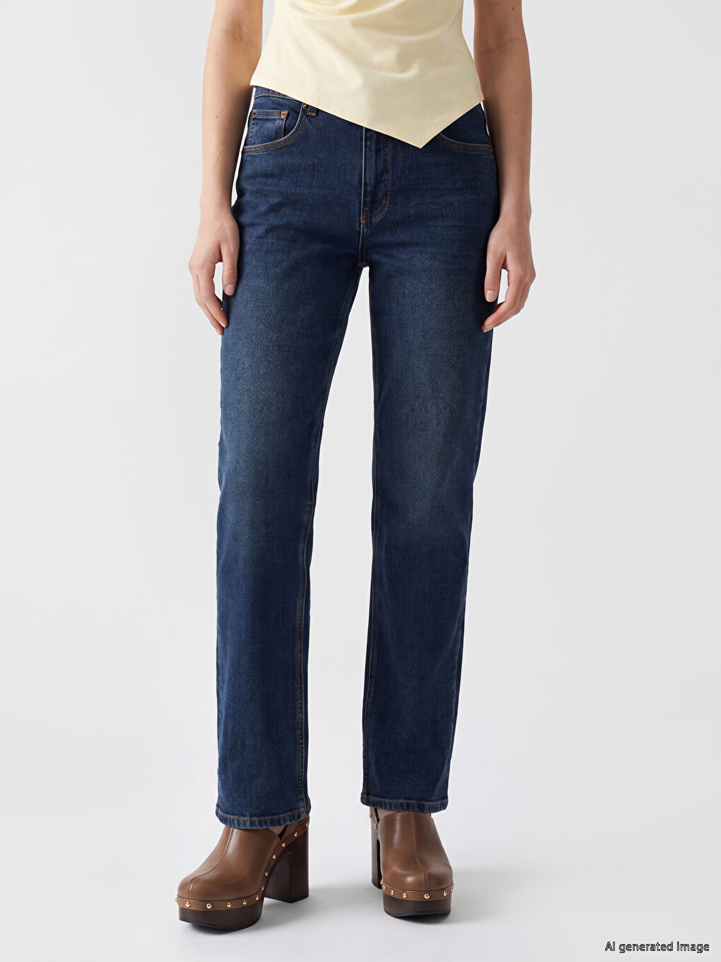 İndigo Yüksek Bel Straight Fit Kadın Jean Pantolon-1