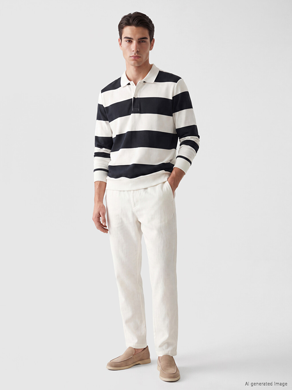 Lacivert Polo Yaka Renk Bloklu Erkek Sweatshirt-1