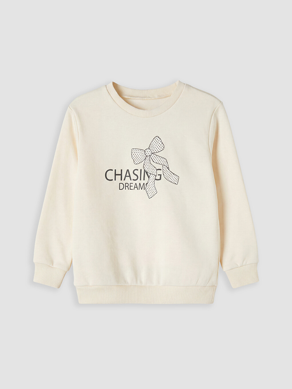 Ekru Baskılı Kız Çocuk Kalın Sweatshirt