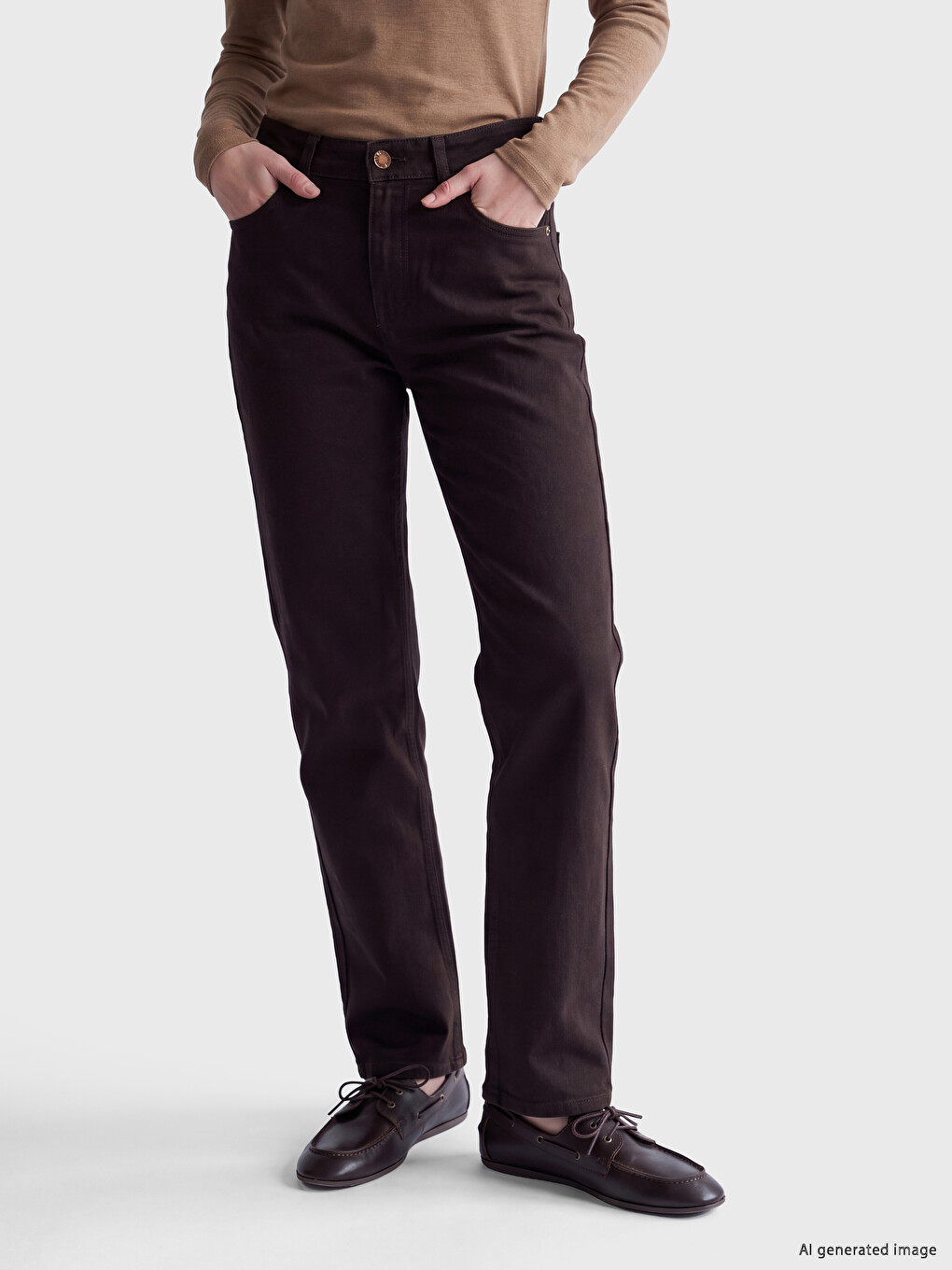 Kahverengi Straight Fit Kadın Jean Pantolon-1