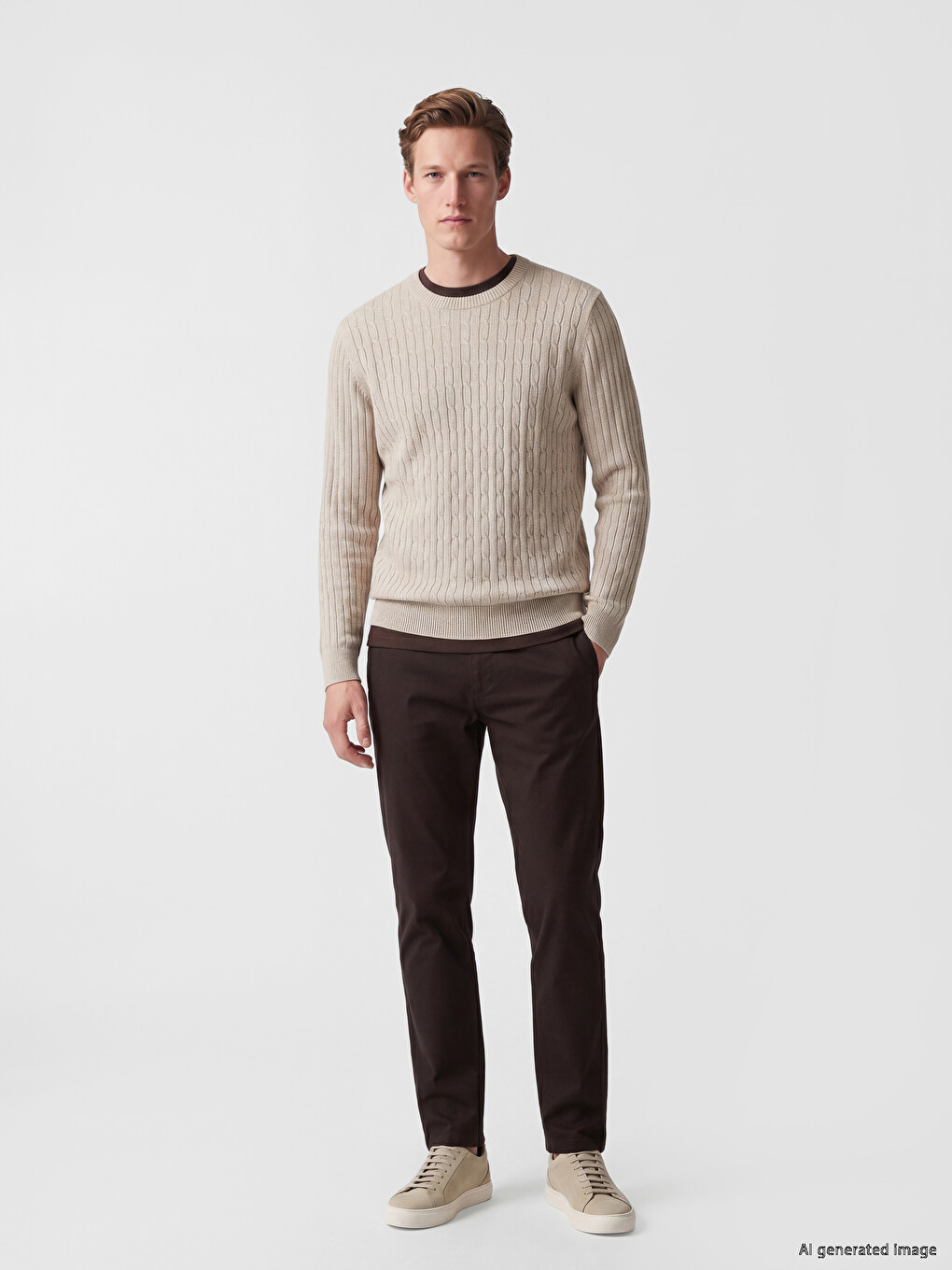 Crew Neck Cable Knit Patterned Men's Knitwear Sweater-1