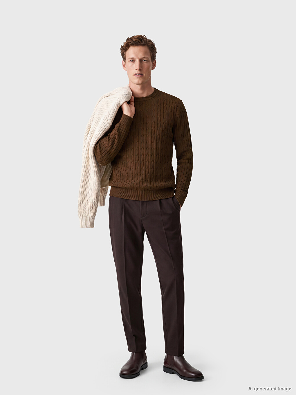 Crew Neck Cable Knit Patterned Men's Knitwear Sweater-1
