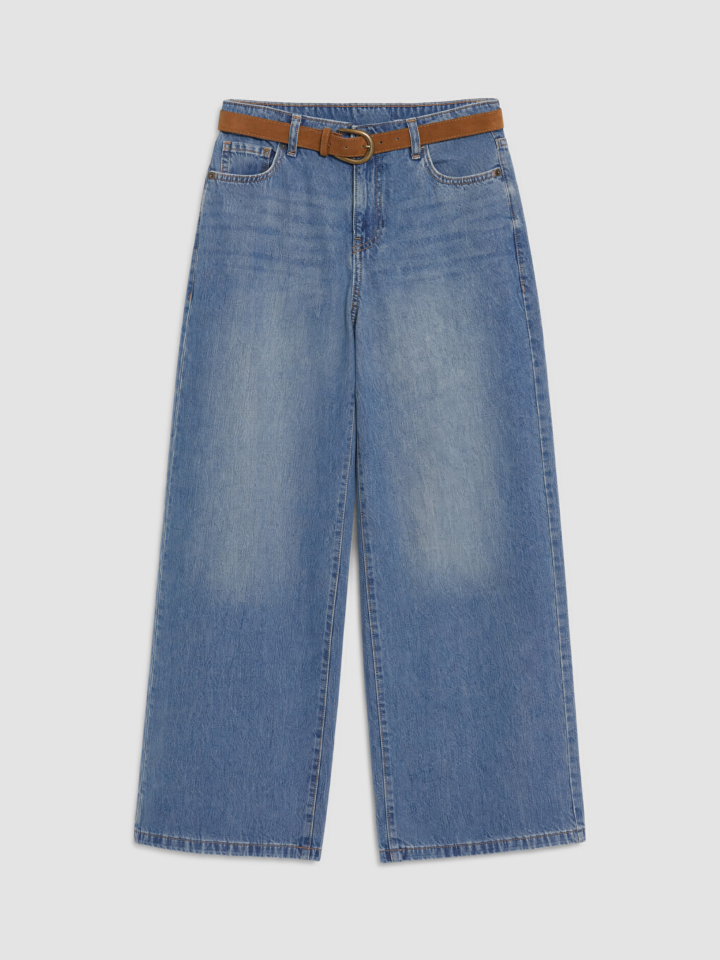 İndigo Beli Kemerli Wideleg Kadın Jean Pantolon
