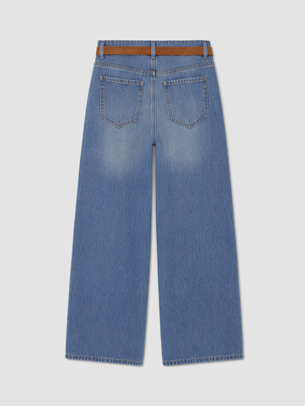 İndigo Beli Kemerli Wideleg Kadın Jean Pantolon-1