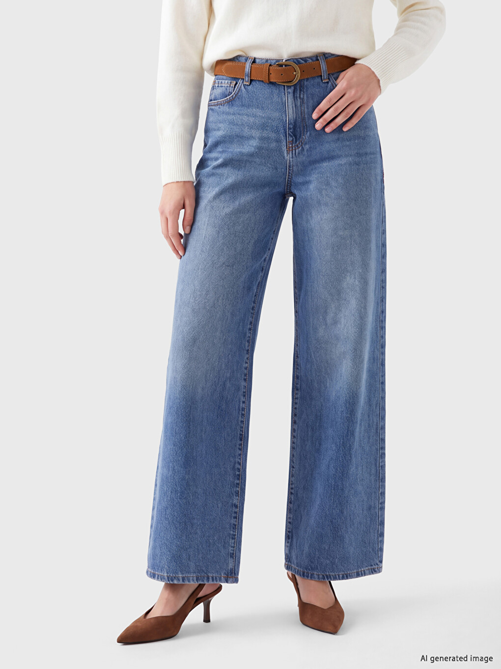 İndigo Beli Kemerli Wideleg Kadın Jean Pantolon-1