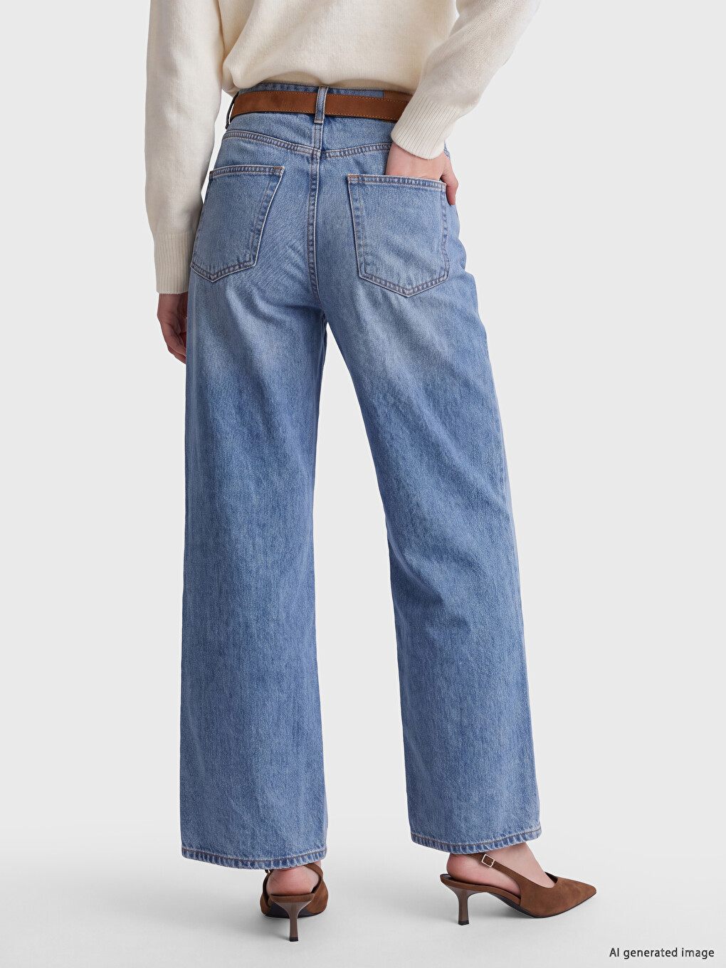 İndigo Beli Kemerli Wideleg Kadın Jean Pantolon-3
