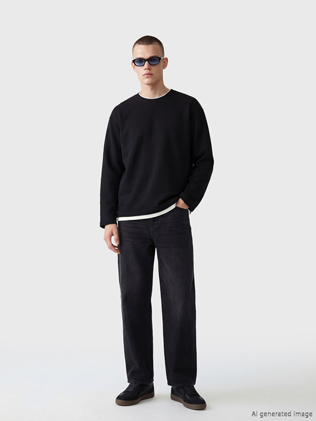 Siyah Bisiklet Yaka Uzun Kollu Erkek Sweatshir-1