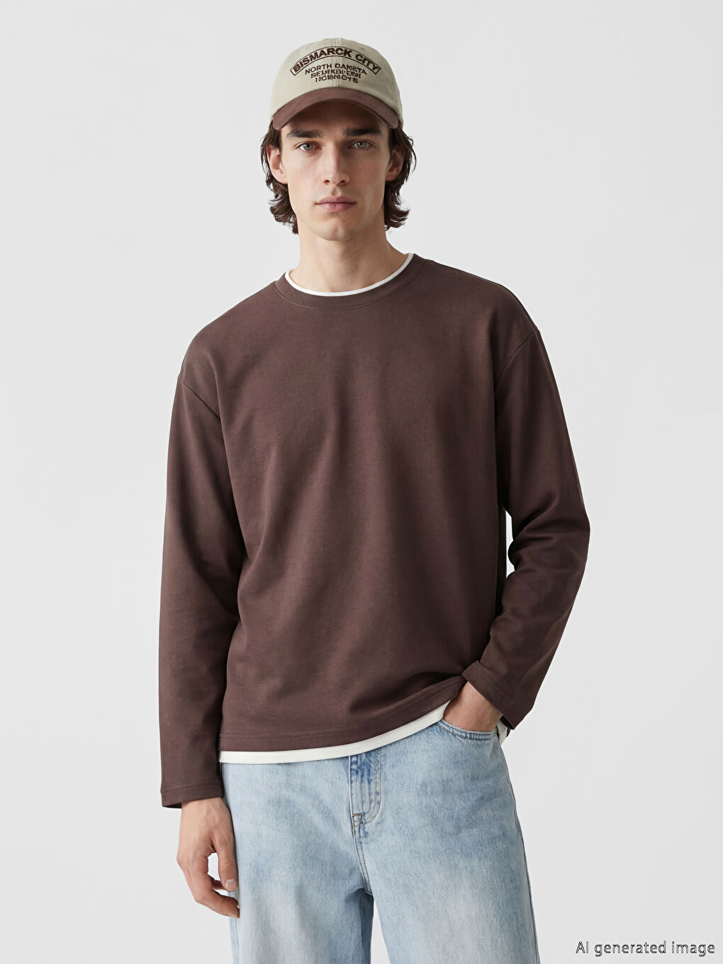 Kahverengi Bisiklet Yaka Uzun Kollu Erkek Sweatshirt