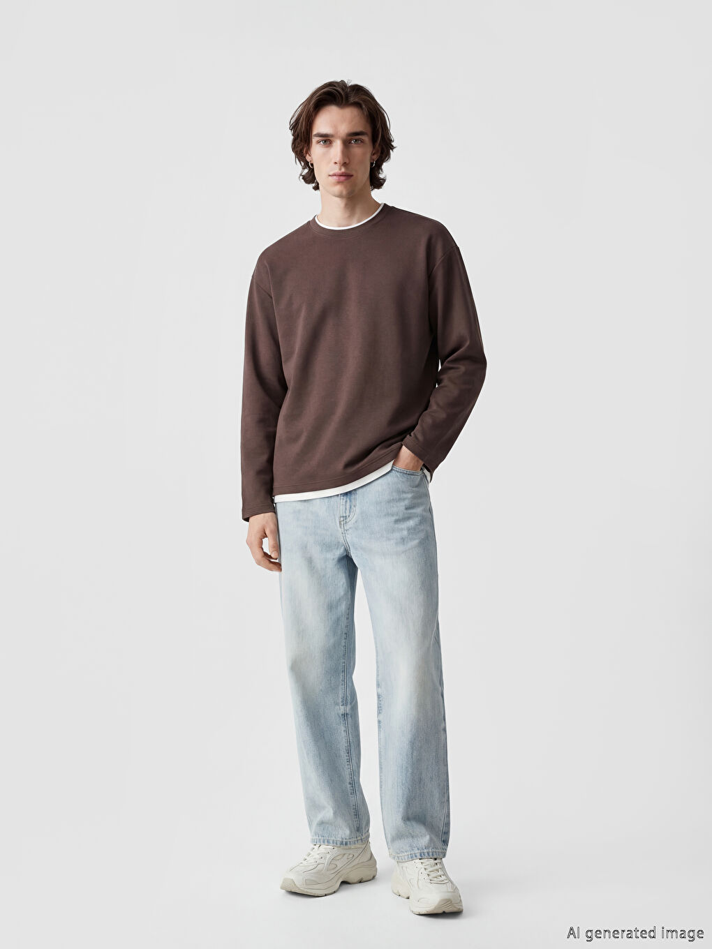 Kahverengi Bisiklet Yaka Uzun Kollu Erkek Sweatshirt-1