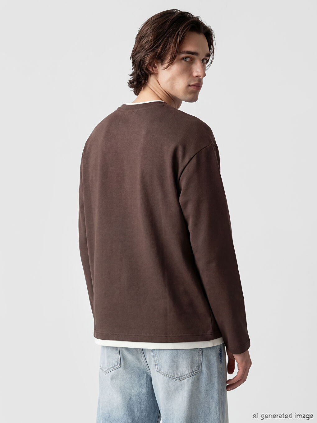 Kahverengi Bisiklet Yaka Uzun Kollu Erkek Sweatshirt-2