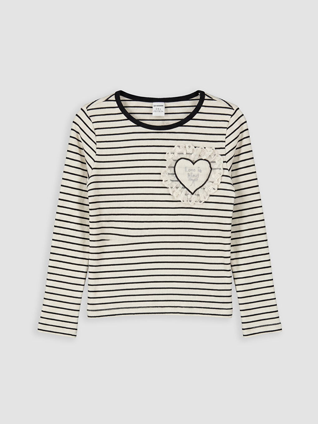 Crew Neck Striped Heart Detail Girls' T-shirt