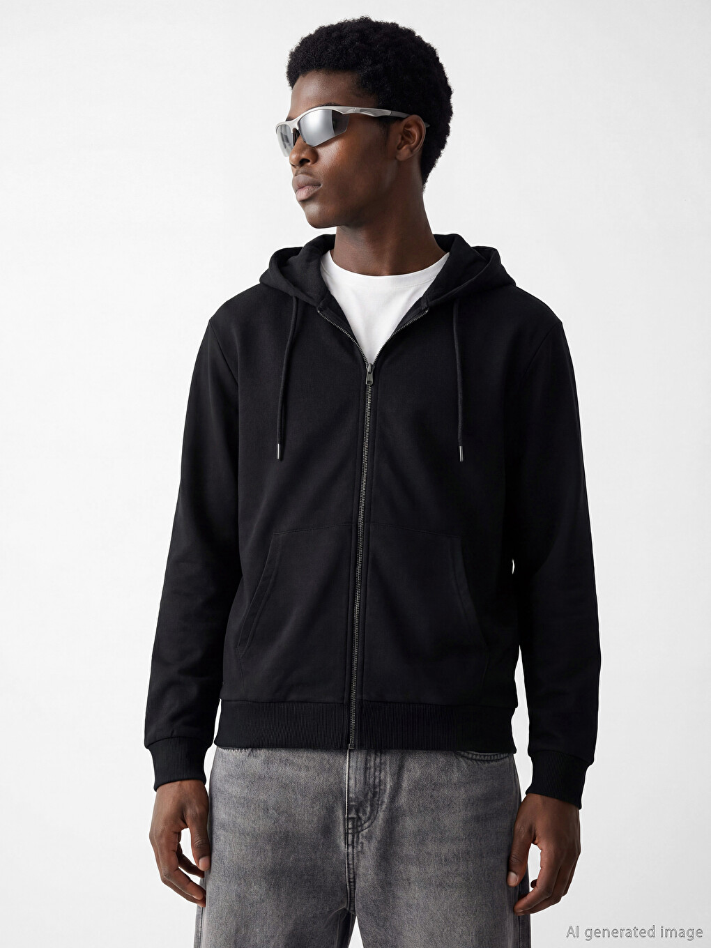 Siyah Kapüşonlu Erkek Fermuarlı Sweatshirt