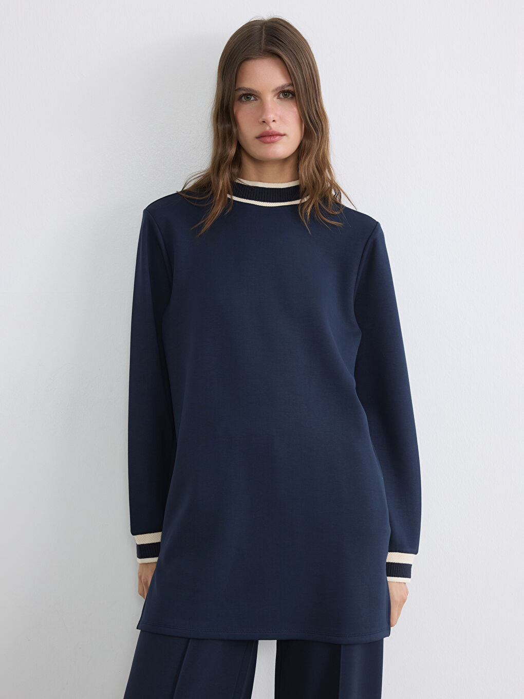 Lacivert Dik Yaka Soft Touch Kadın Sweatshirt Tunik