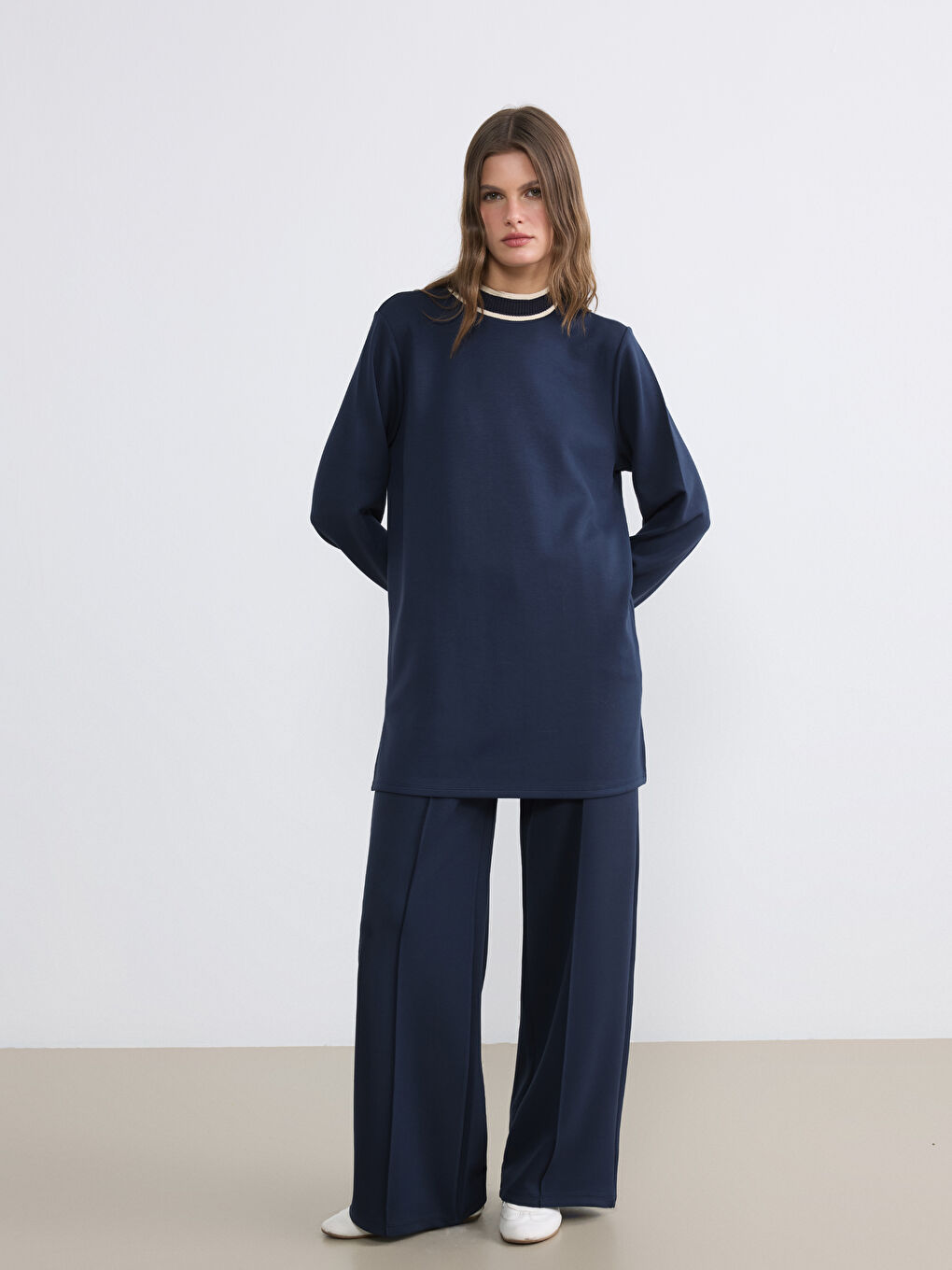 Lacivert Dik Yaka Soft Touch Kadın Sweatshirt Tunik-1