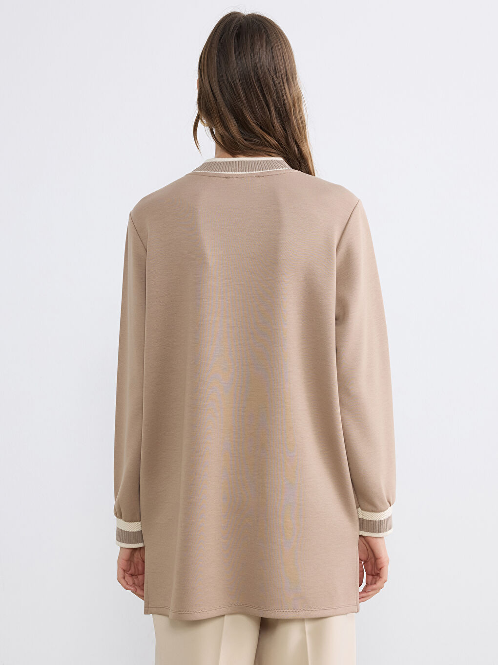 Kahverengi Dik Yaka Soft Touch Kadın Sweatshirt Tunik-3