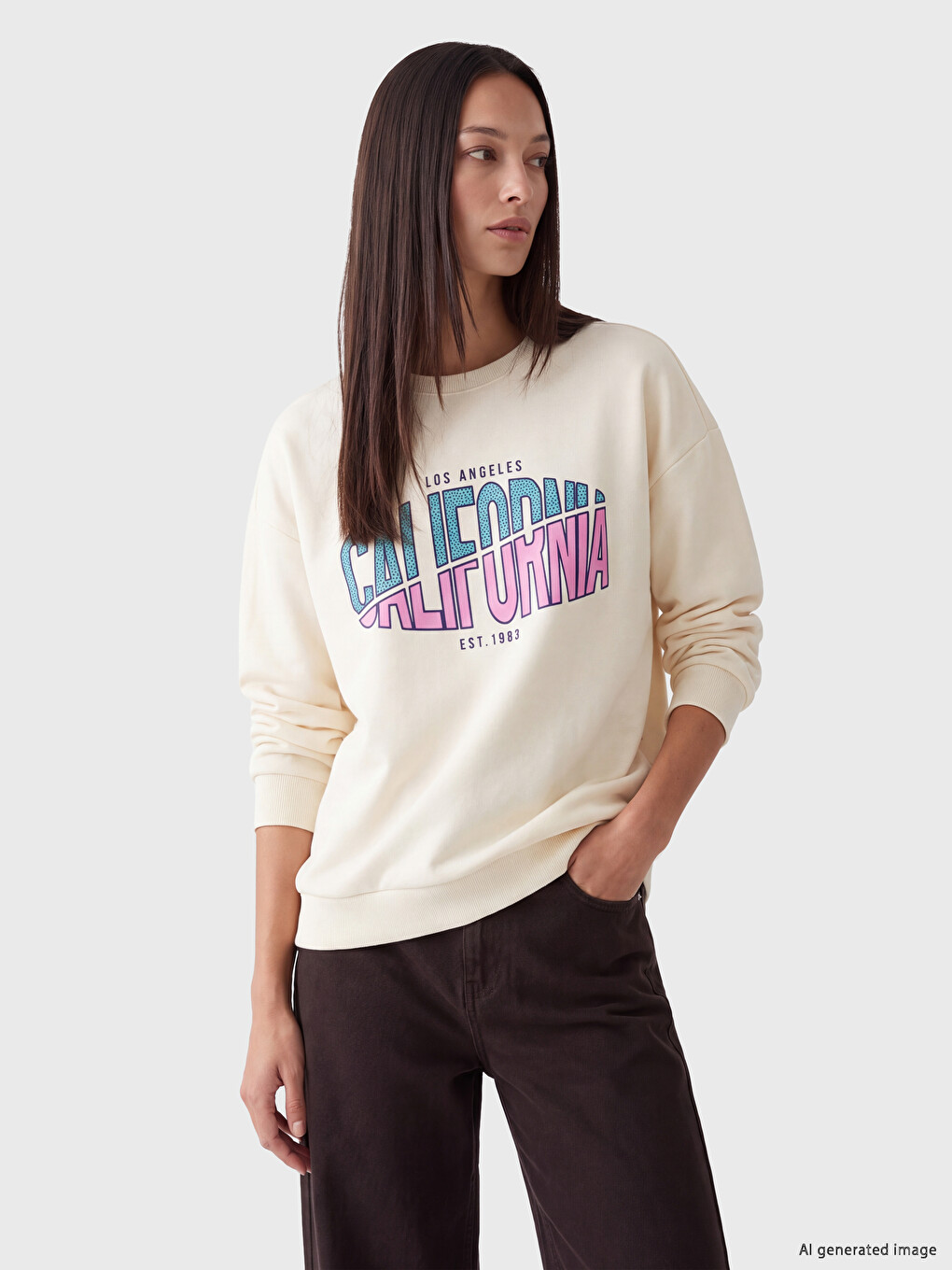 Ekru Oversize Kadın Kalın Sweatshirt
