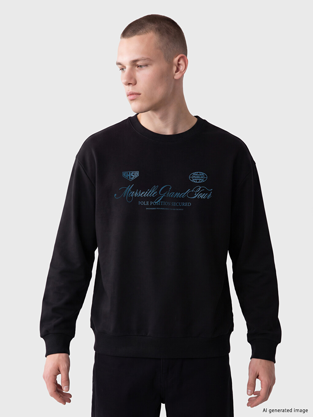 Siyah Bisiklet Yaka Marseille Baskılı Erkek Sweatshirt