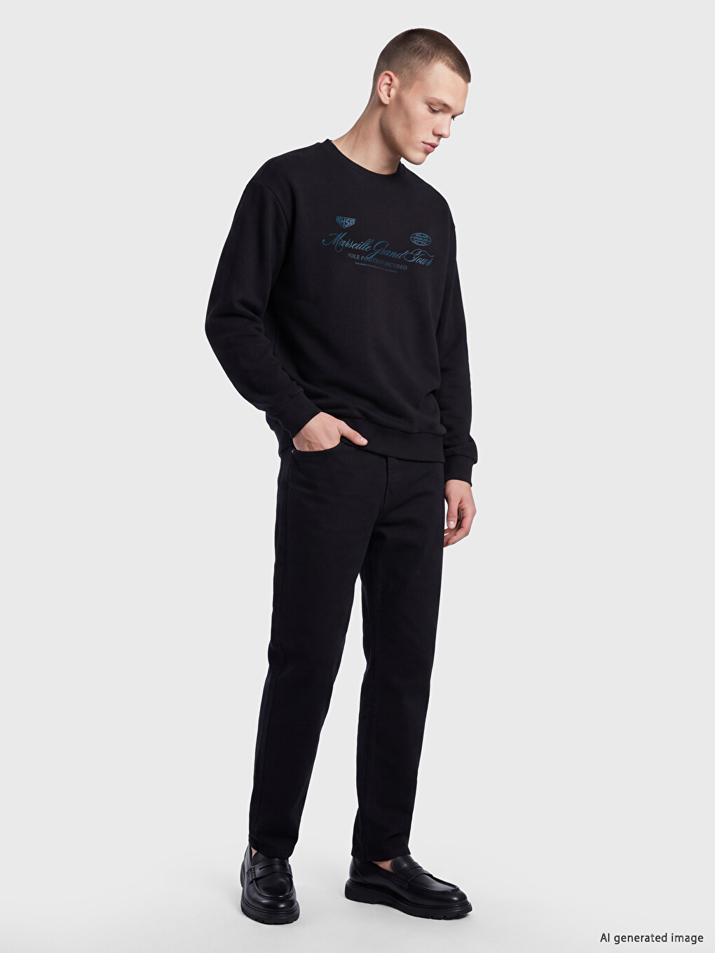 Siyah Bisiklet Yaka Marseille Baskılı Erkek Sweatshirt-1