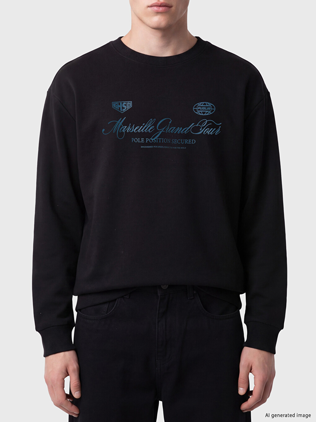 Siyah Bisiklet Yaka Marseille Baskılı Erkek Sweatshirt-2