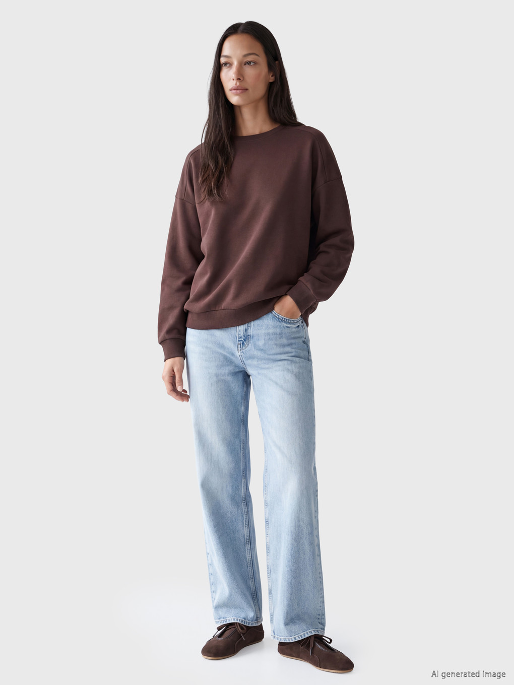 Kahverengi Oversize Kadın Kalın Sweatshirt-1