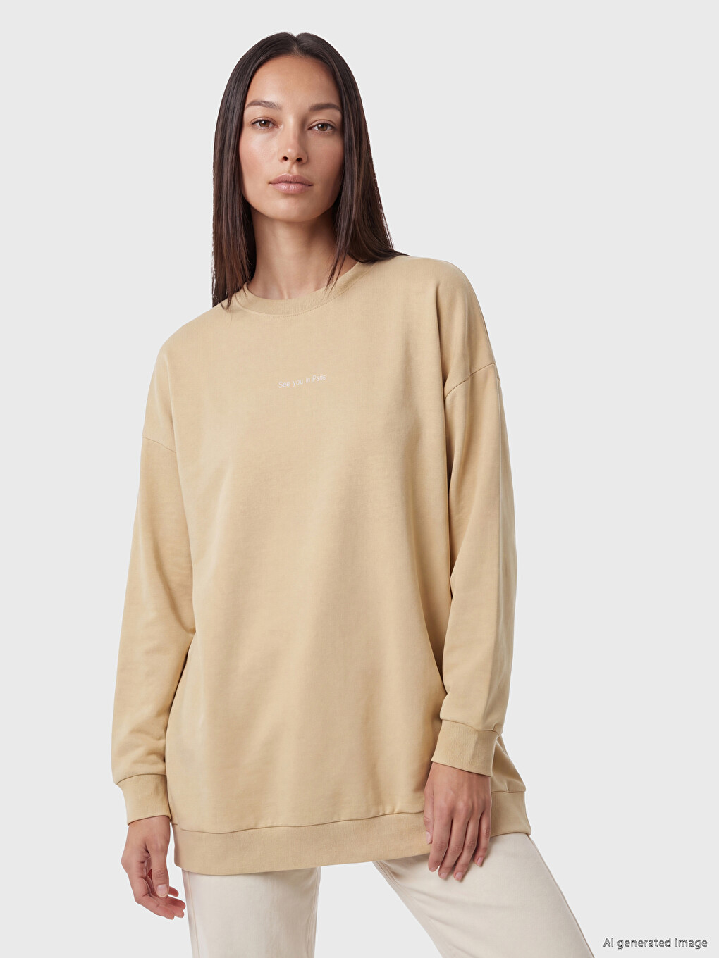 Bej Baskılı Kadın Sweatshirt Tunik