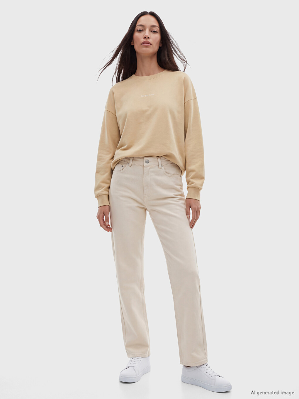 Bej Baskılı Kadın Sweatshirt Tunik-1