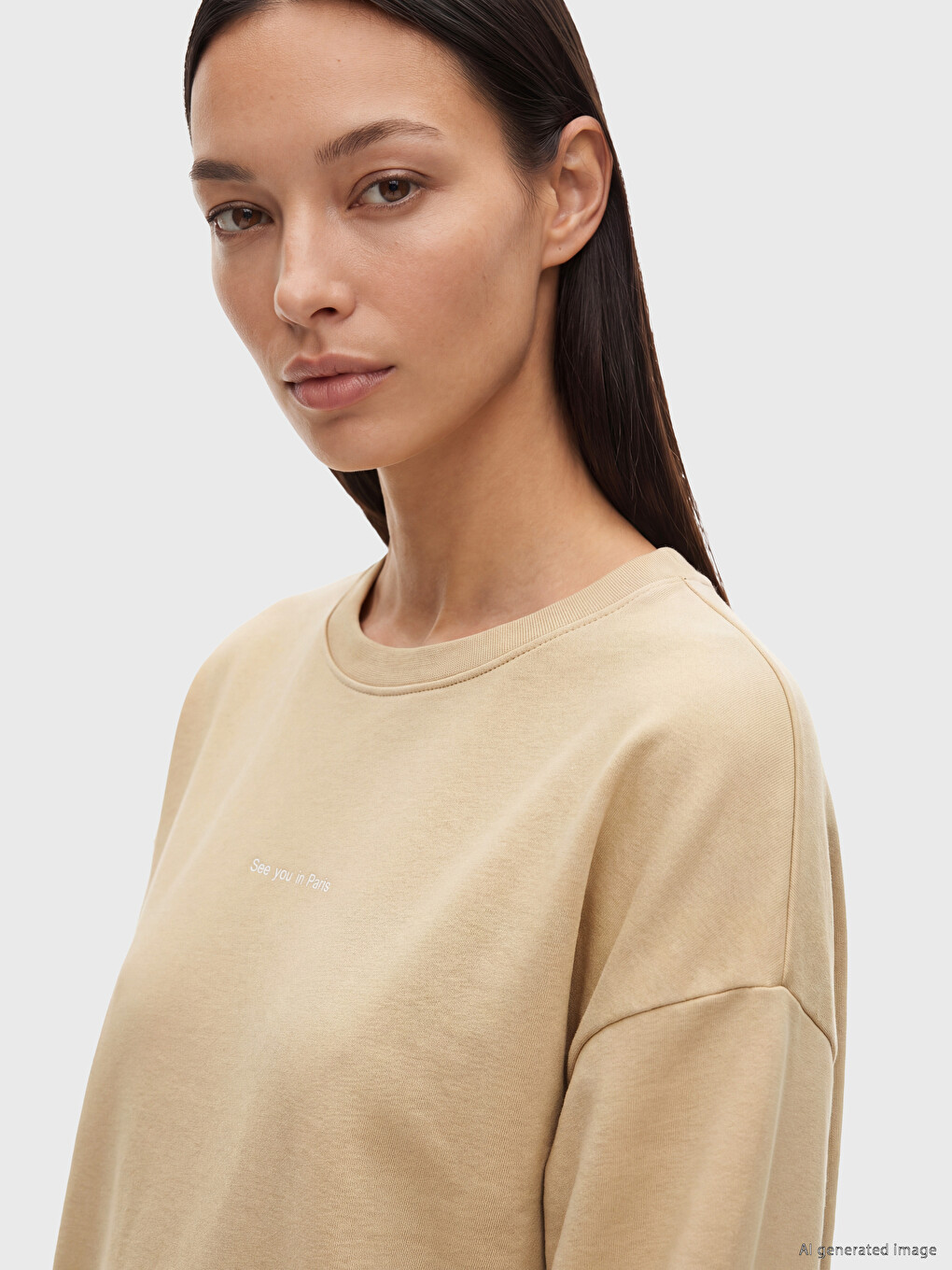 Bej Baskılı Kadın Sweatshirt Tunik-2