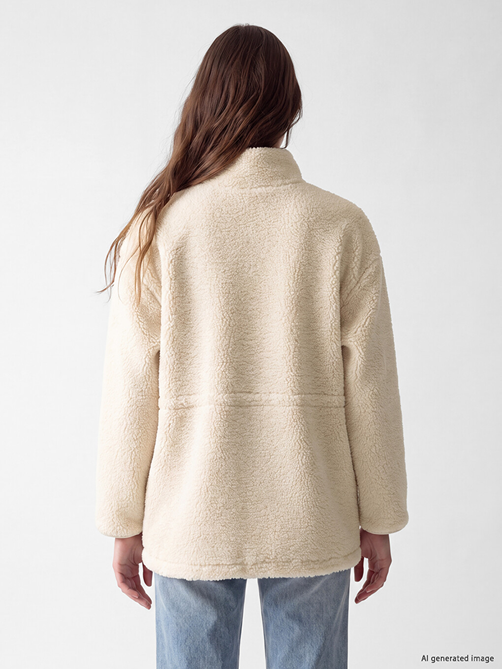 Bej Oversize Kadın Pelüş Mont-4