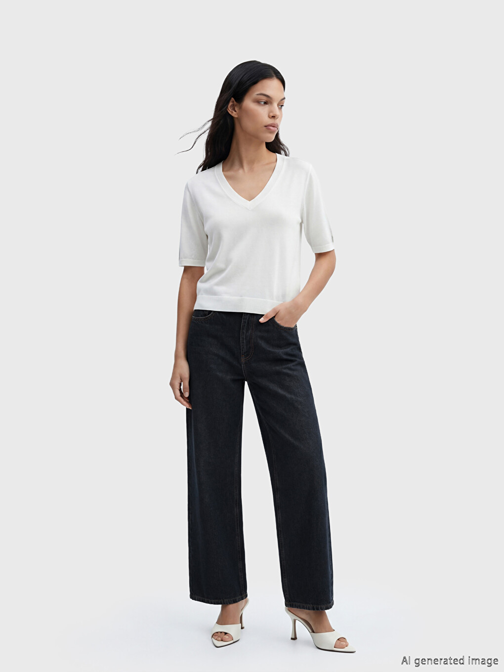 Pull-over en tricot à encolure en V pour femme-1