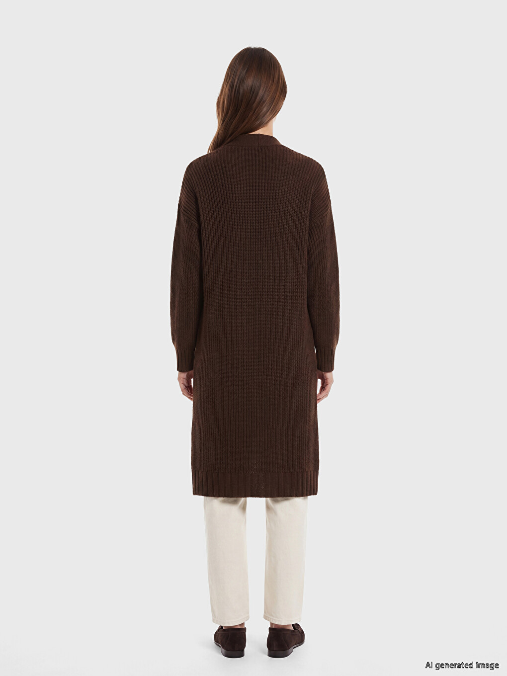 Kahverengi Şal Yaka Oversize Kadın Triko Hırka-3