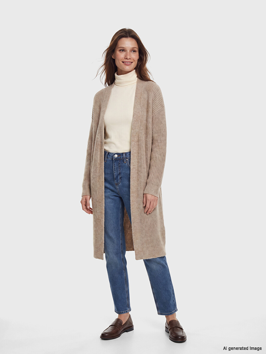 Bej Şal Yaka Oversize Kadın Triko Hırka