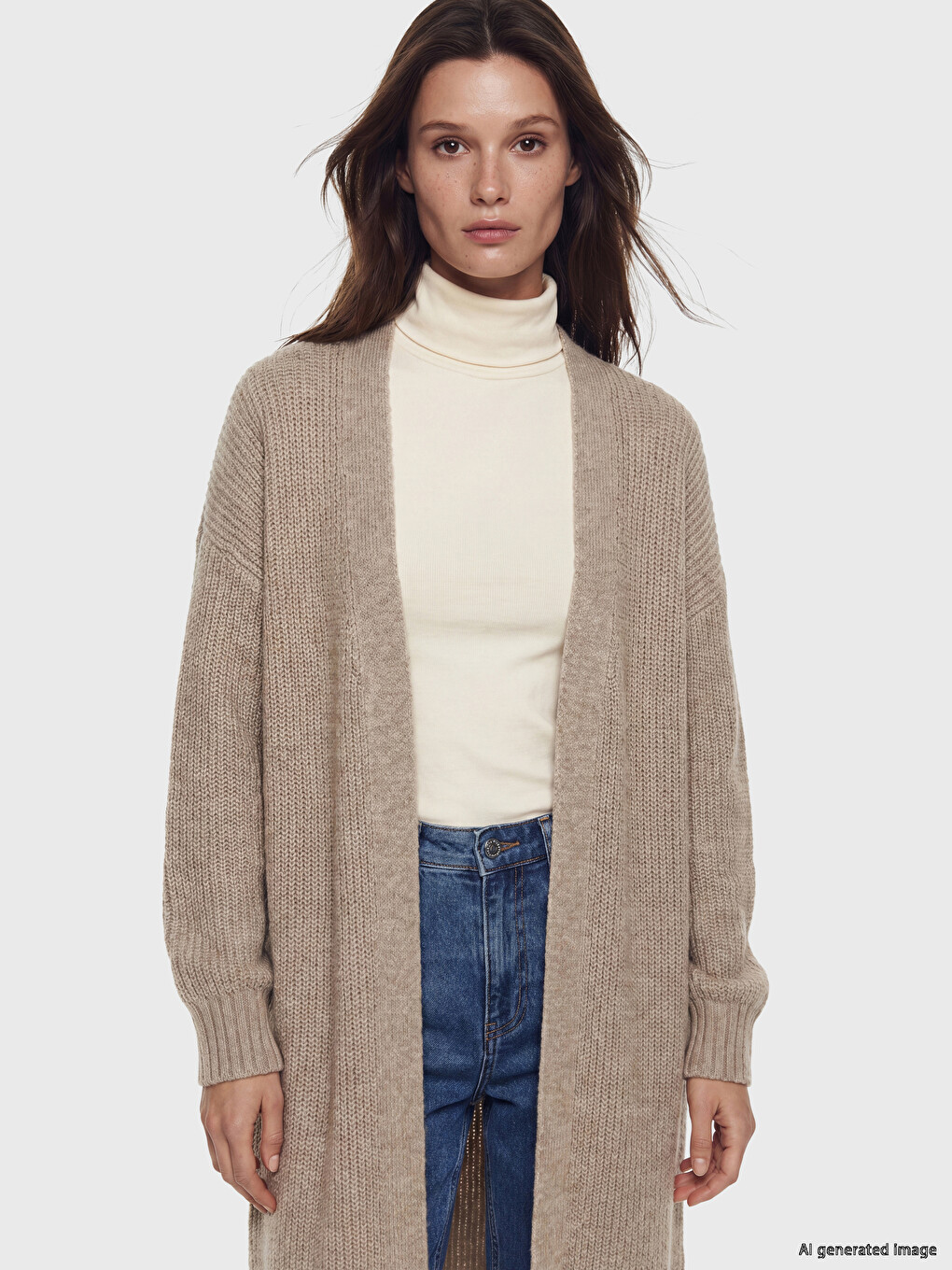 Bej Şal Yaka Oversize Kadın Triko Hırka-1