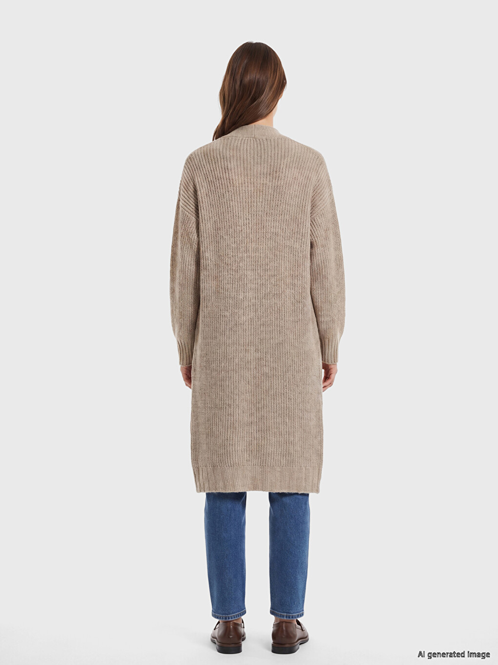 Bej Şal Yaka Oversize Kadın Triko Hırka-3