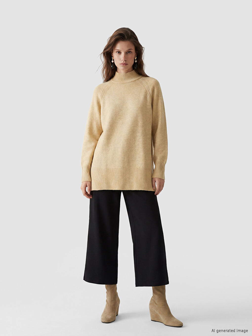 Sarı Yarım Balıkçı Yaka Oversize Kadın Triko Tunik-1