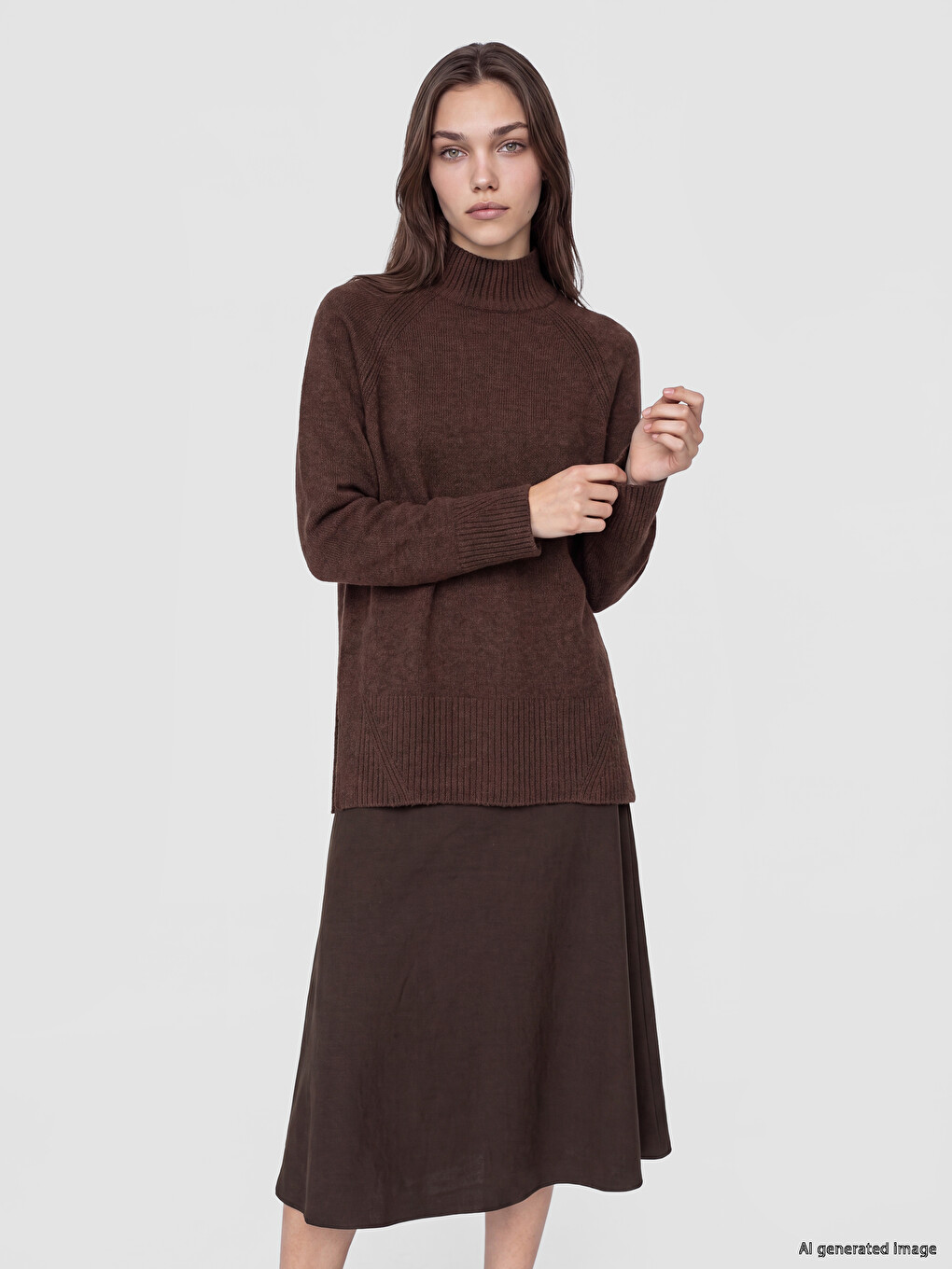 Kahverengi Yarım Balıkçı Yaka Oversize Kadın Triko Tunik