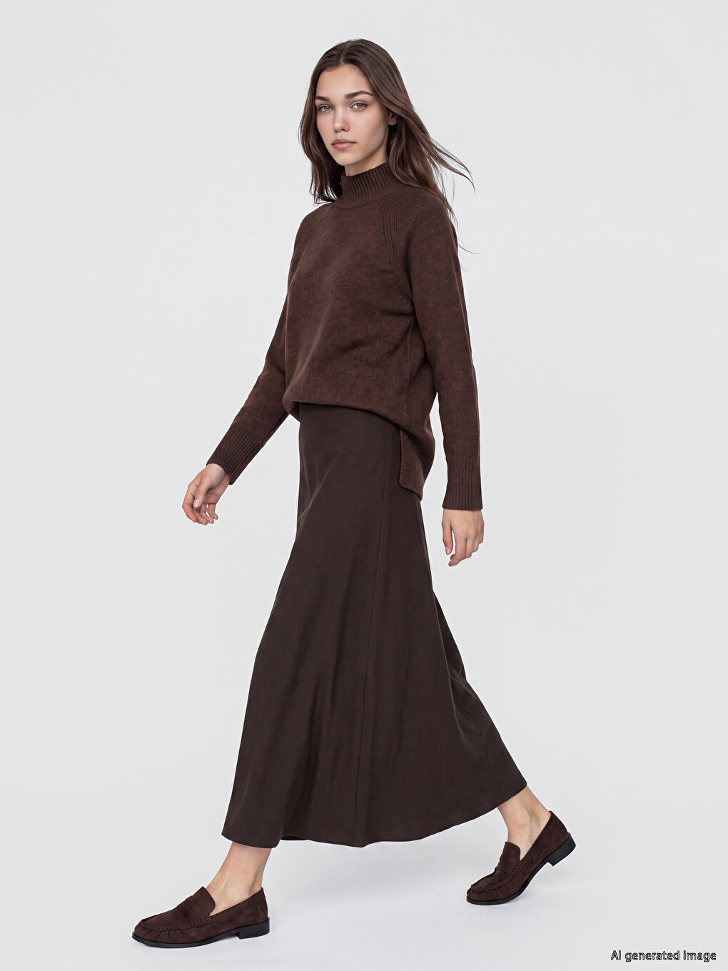 Kahverengi Yarım Balıkçı Yaka Oversize Kadın Triko Tunik-1