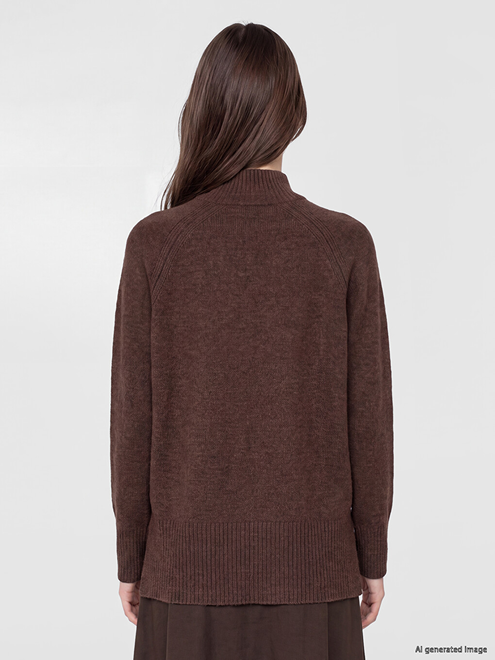 Kahverengi Yarım Balıkçı Yaka Oversize Kadın Triko Tunik-3
