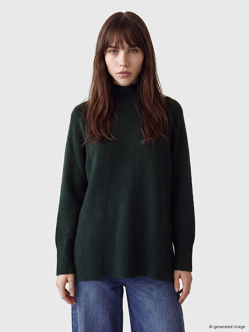 Yeşil Yarım Balıkçı Yaka Oversize Kadın Triko Tunik