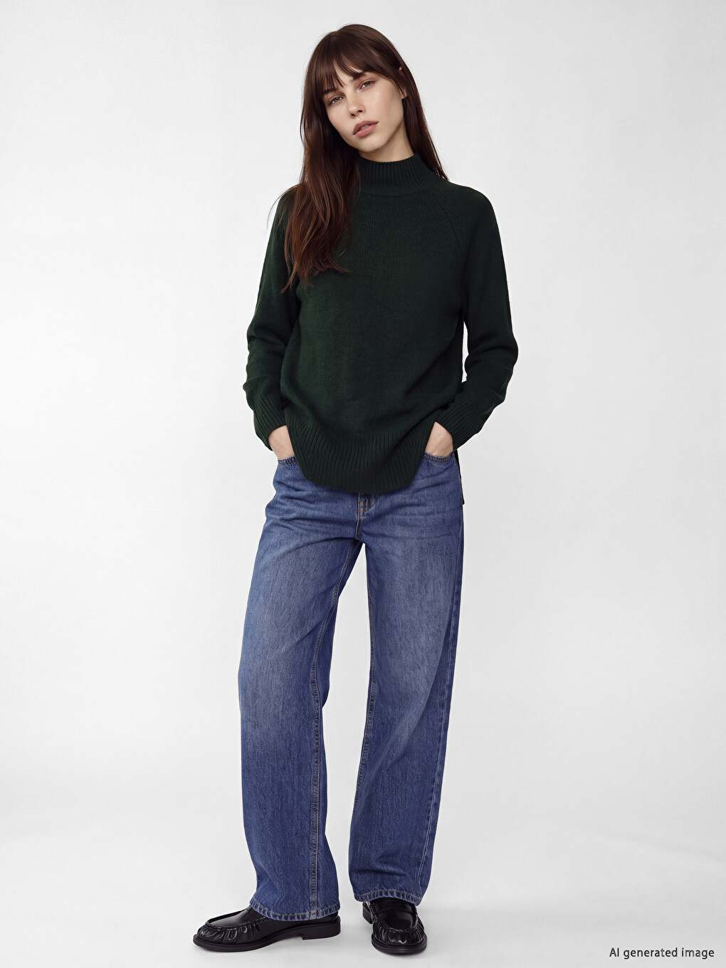 Yeşil Yarım Balıkçı Yaka Oversize Kadın Triko Tunik-1
