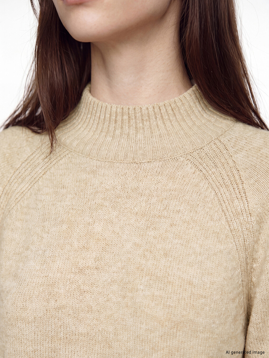 Bej Yarım Balıkçı Yaka Oversize Kadın Triko Tunik-3