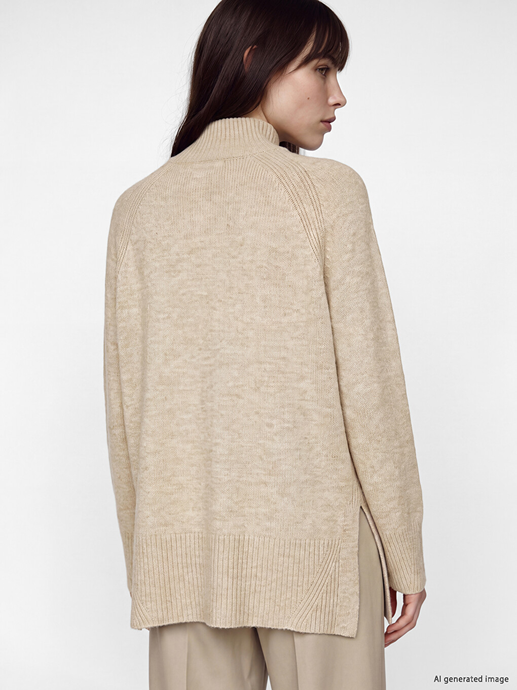 Bej Yarım Balıkçı Yaka Oversize Kadın Triko Tunik-4
