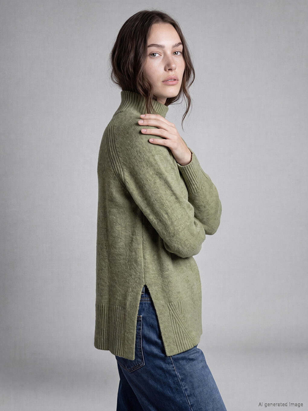 Yeşil Yarım Balıkçı Yaka Oversize Kadın Triko Tunik