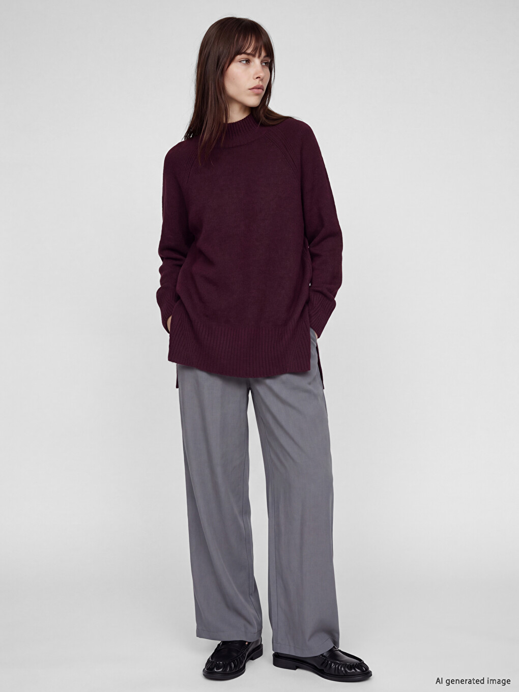 Mor Yarım Balıkçı Yaka Oversize Kadın Triko Tunik-1