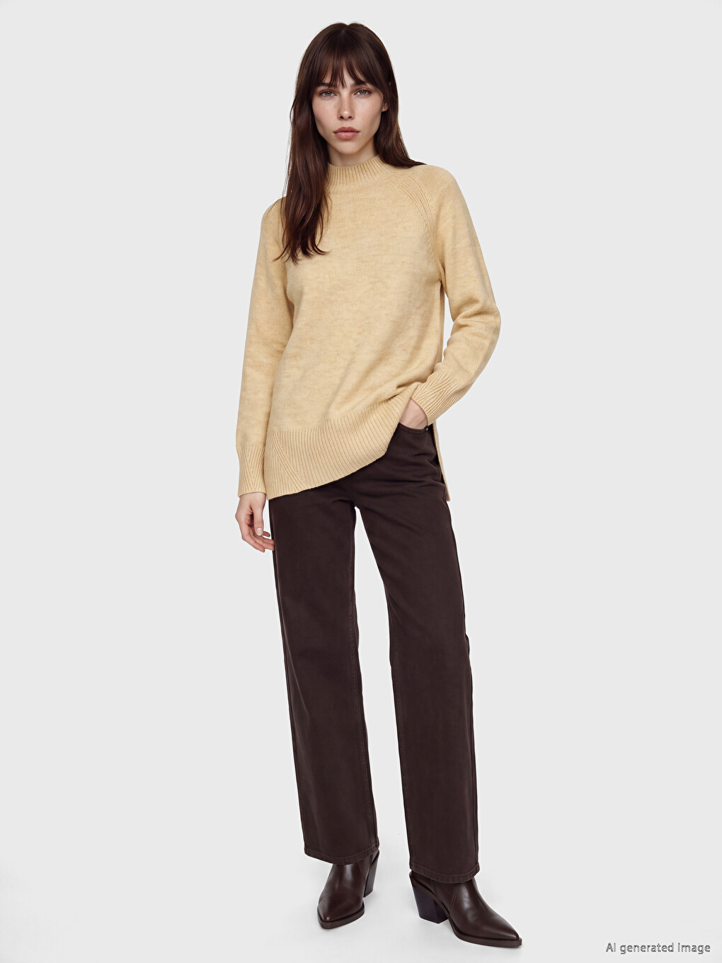 Sarı Yarım Balıkçı Yaka Oversize Kadın Triko Tunik-1