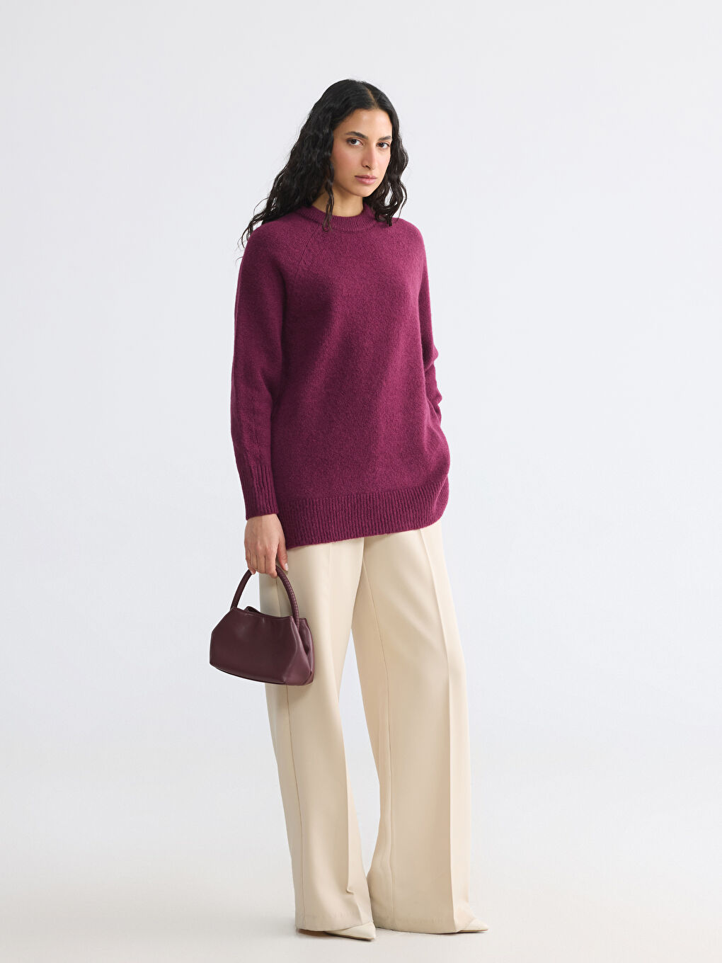 Bordo Bisiklet Yaka Oversize Kadın Triko Tunik-1