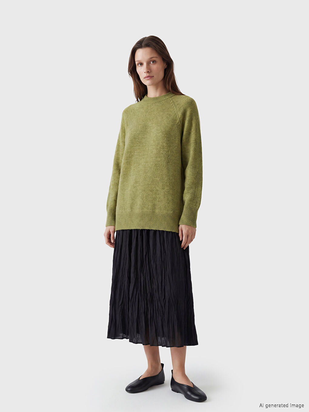 Yeşil Bisiklet Yaka Oversize Kadın Triko Tunik-1