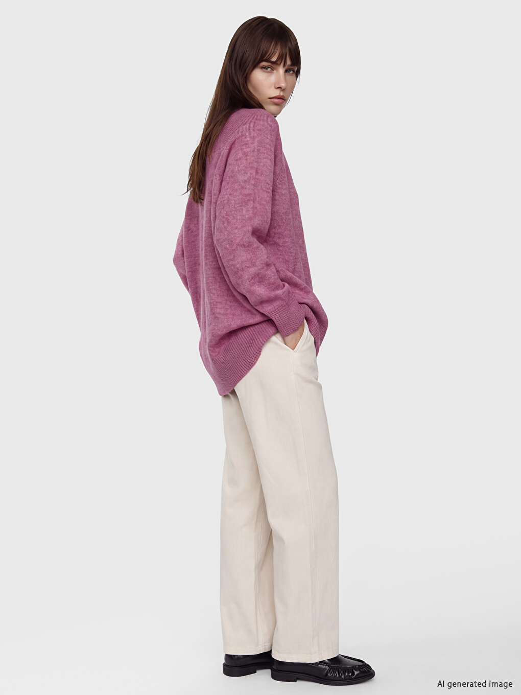 Pembe Bisiklet Yaka Oversize Kadın Triko Tunik-1