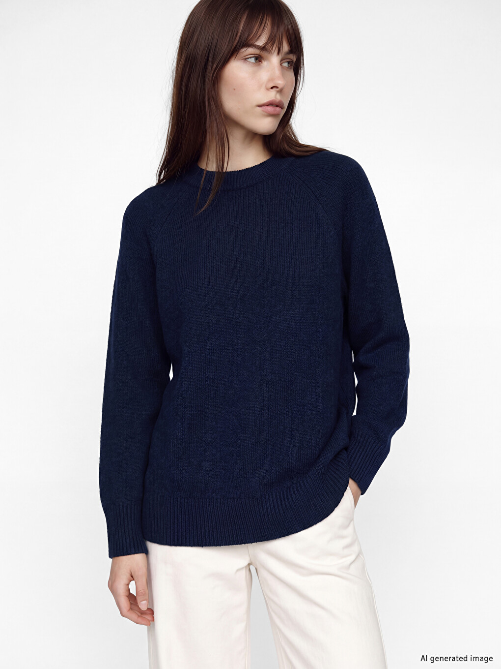 Lacivert Bisiklet Yaka Oversize Kadın Triko Tunik